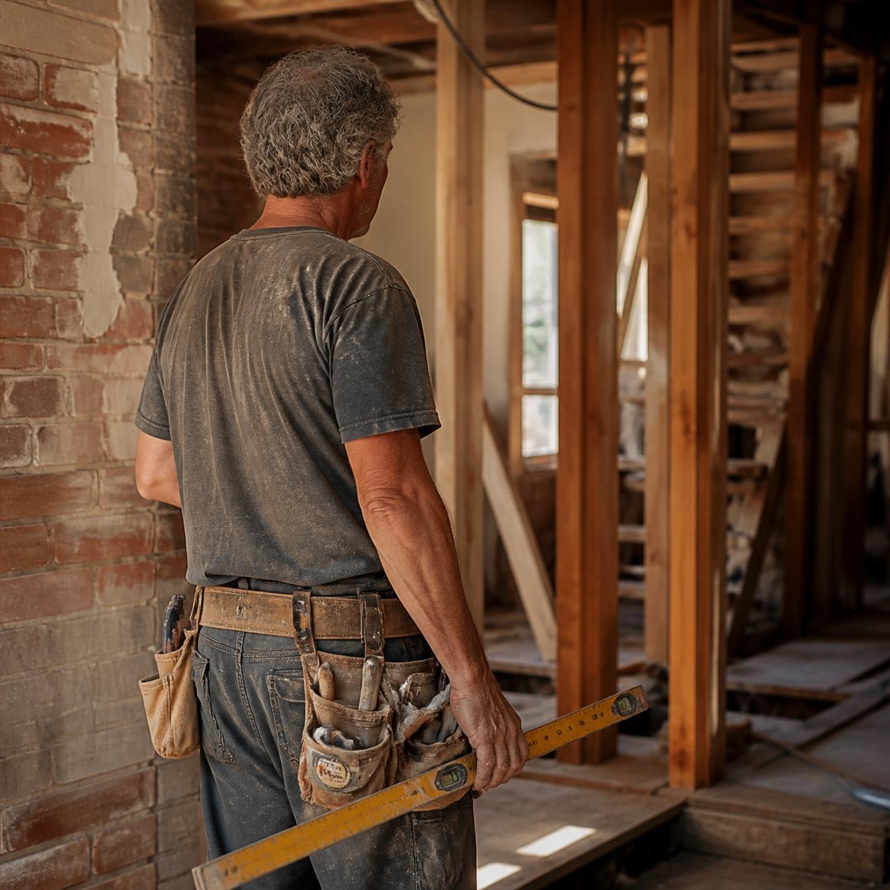 Experienced builder with a tool belt and spirit level inside a home restoration in the Western Cape